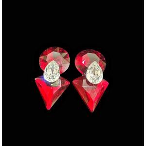 Wendy Gell Vintage Red Rhinestone Geometric Clip Earrings Crystal Statement